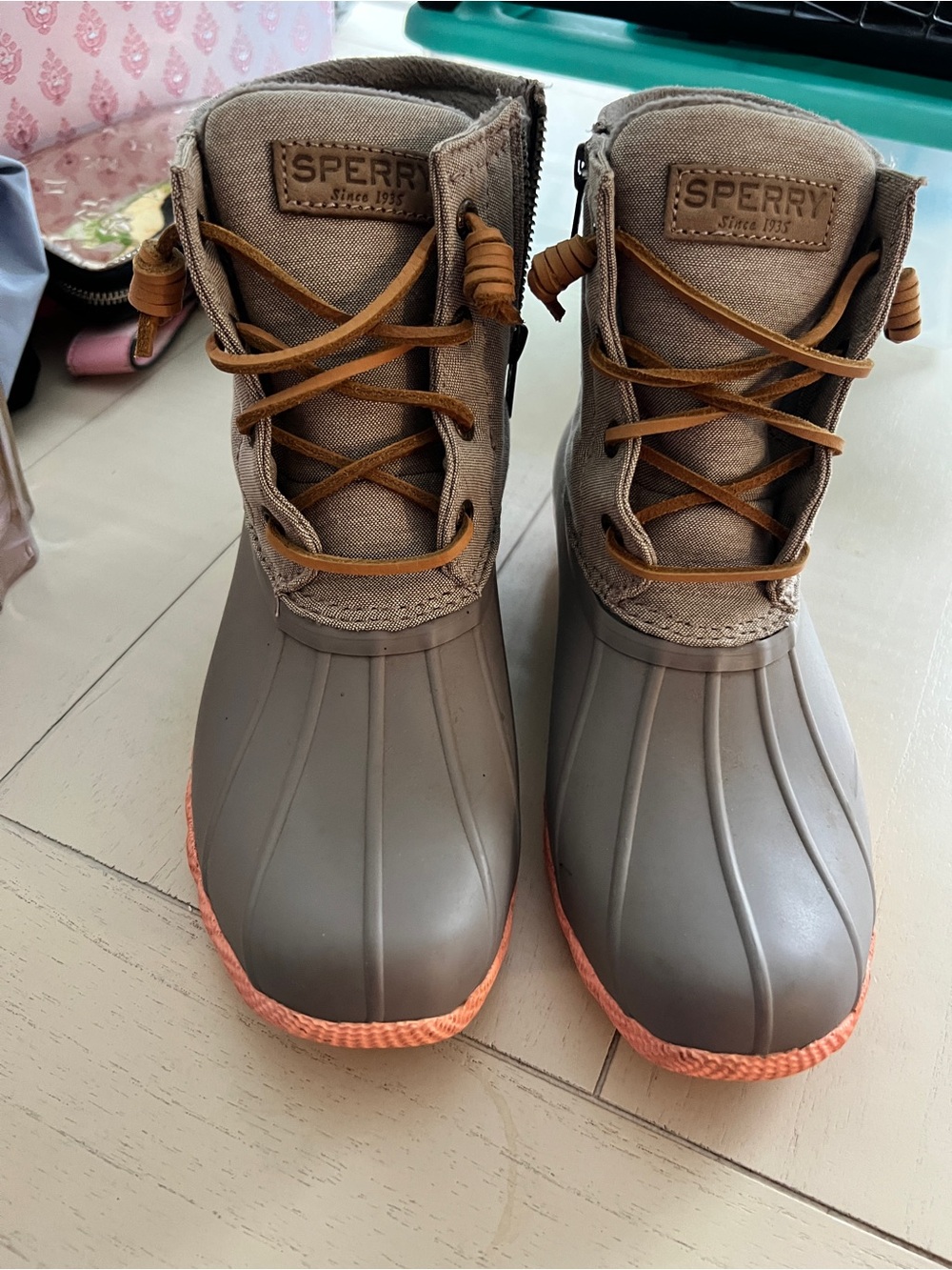 Sperry Brown Canvas & Rubber Duck Boots with Coral Soles